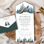 Snowy Winter Mountain Forest Cabin Lodge Wedding All In One Uitnodiging