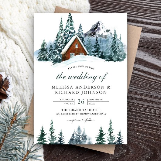Snowy Winter Mountain Forest Cabin Lodge Wedding Kaart