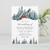 Snowy Winter Mountain Forest Cabin Lodge Wedding Kaart (Staand voorkant)
