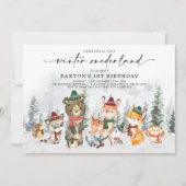 Snowy Winter Onederland Woodland Animals Birthday Kaart (Voorkant)