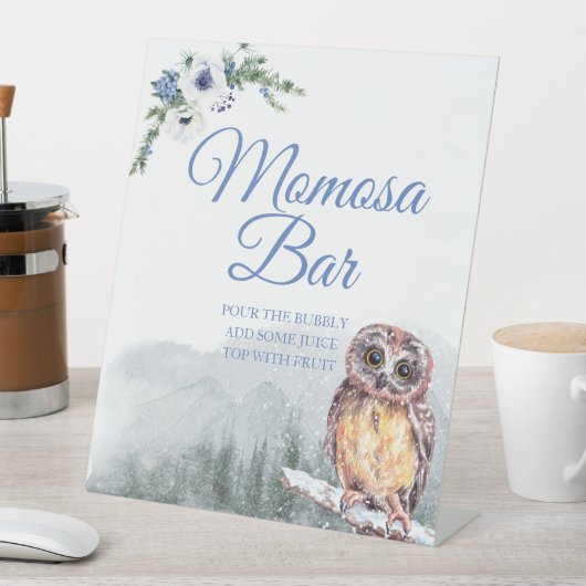 Snowy Winter Owl Baby shower Momosa Table Sign Reclamebord Met Voetstuk (Insitu)