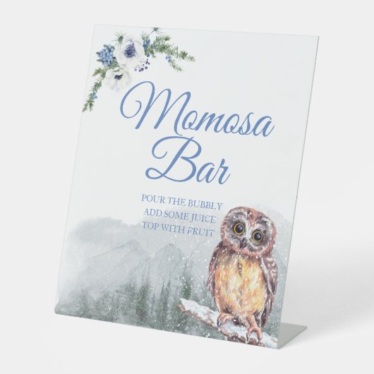 Snowy Winter Owl Baby shower Momosa Table Sign Reclamebord Met Voetstuk (Voorkant)