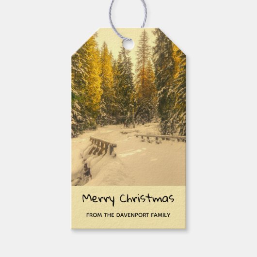 Snowy Winter Path met Pine Trees Kerstmis Cadeaulabel (Voorkant)