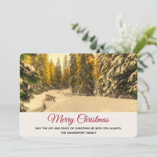 Snowy Winter Path met Pine Trees Kerstmis Feestdagenkaart (Staand voorkant)
