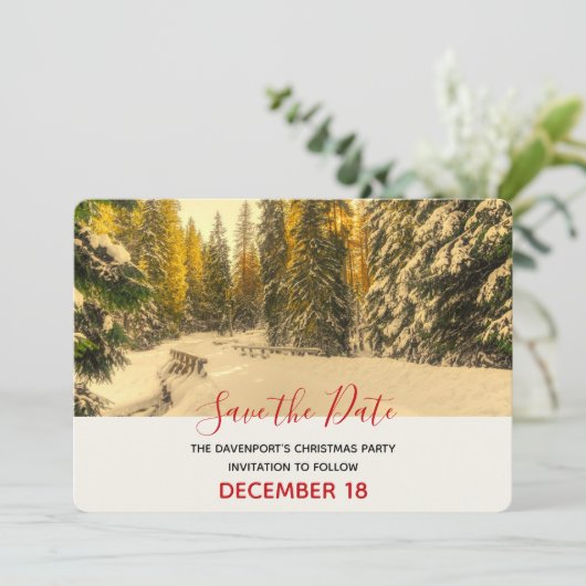 Snowy Winter Path met Pine Trees Kerstmis Save The Date (Staand voorkant)