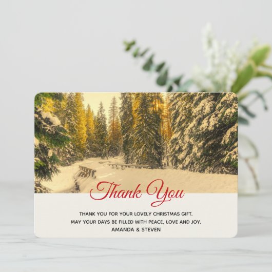 Snowy Winter Path with Pine Trees Dank u Bedankkaart (Staand voorkant)