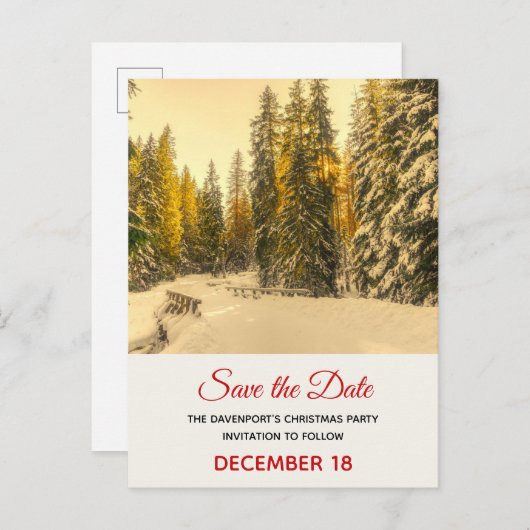 Snowy Winter Path with Pine Trees Save the Date Uitnodiging Briefkaart (Voorkant / Achterkant)