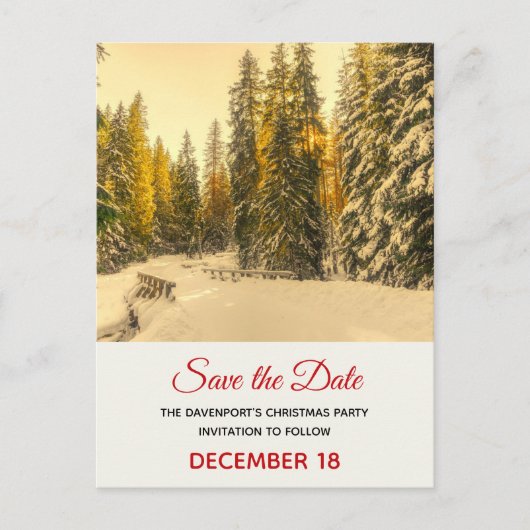 Snowy Winter Path with Pine Trees Save the Date Uitnodiging Briefkaart (Voorkant)