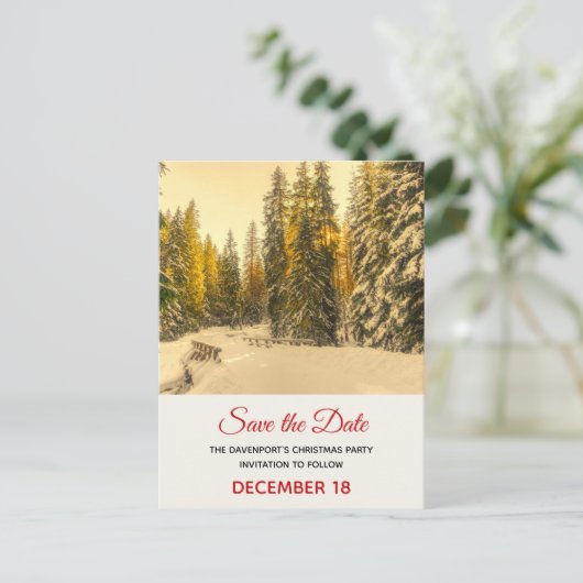 Snowy Winter Path with Pine Trees Save the Date Uitnodiging Briefkaart (Staand voorkant)