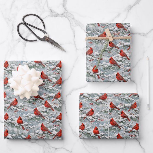 Snowy Winter Red Cardinal Bird Pattern Inpakpapier Vel (Voorkant)