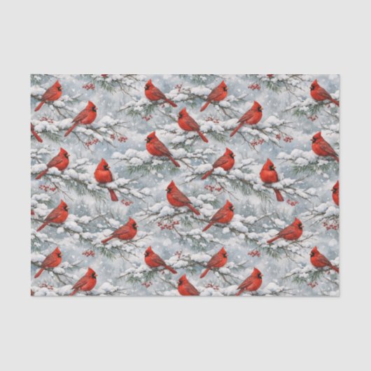 Snowy Winter Red Cardinal Bird Pattern Tissuepapier (Voorkant)