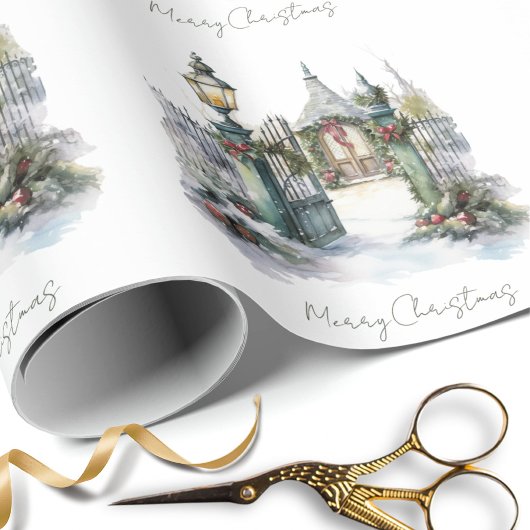 Snowy Winter Scene Waterverf Christmas Village Cadeaupapier