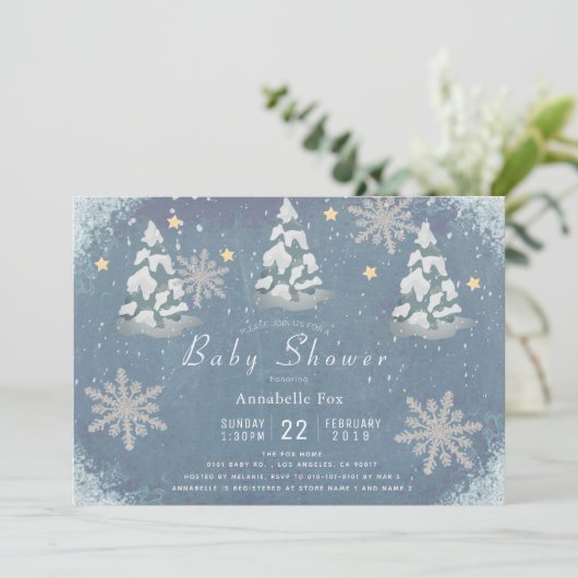 Snowy Winter Silver Snowflake Trees Baby shower Kaart (Staand voorkant)
