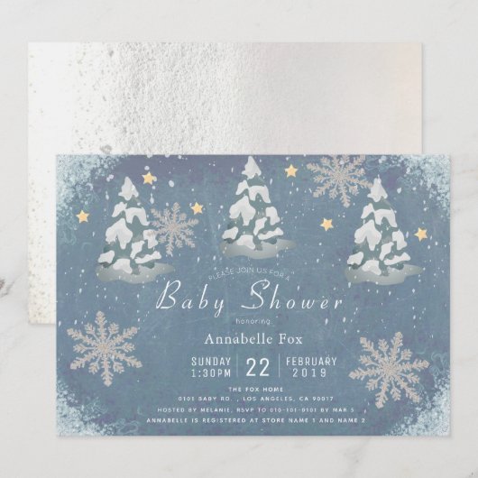 Snowy Winter Silver Snowflake Trees Baby shower Kaart (Voorkant / Achterkant)