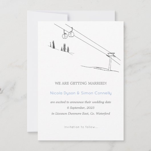 Snowy Winter Ski Pas getrouwd Paar Zwart-Wit Save The Date (Achterkant)