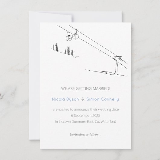 Snowy Winter Ski Pas getrouwd Paar Zwart-Wit Save The Date (Achterkant)