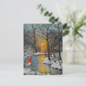 Snowy winter sunset forest landscape met robin feestdagenkaart (Staand voorkant)