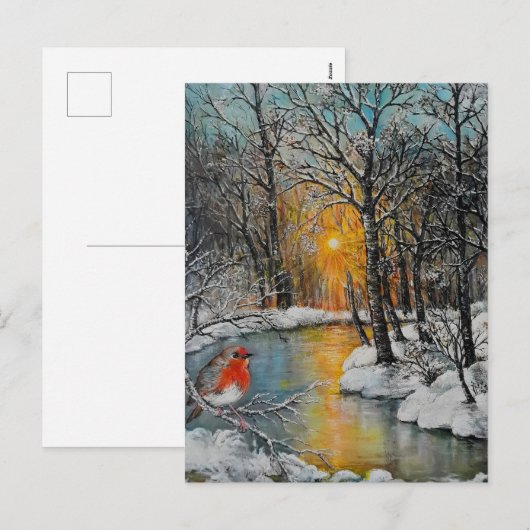 Snowy winter sunset forest landscape met robin feestdagenkaart (Voorkant / Achterkant)