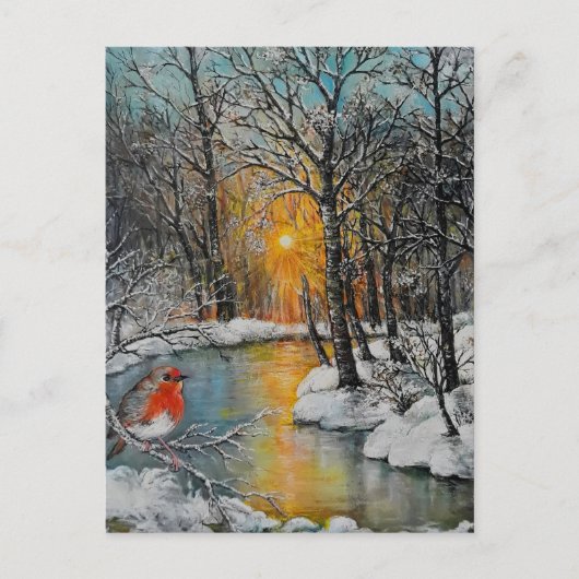 Snowy winter sunset forest landscape met robin feestdagenkaart (Voorkant)