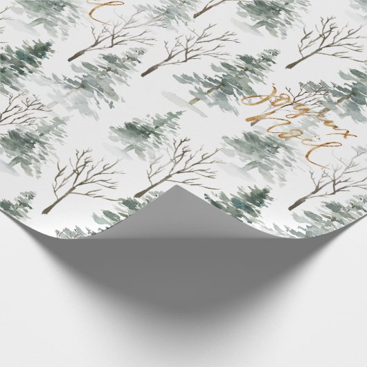 Snowy Winter Trees Joyeux Noel Gold Typography Cadeaupapier (Hoek)