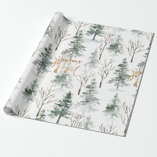 Snowy Winter Trees Pattern Gold Typografie Cadeaupapier (Uitgerold)