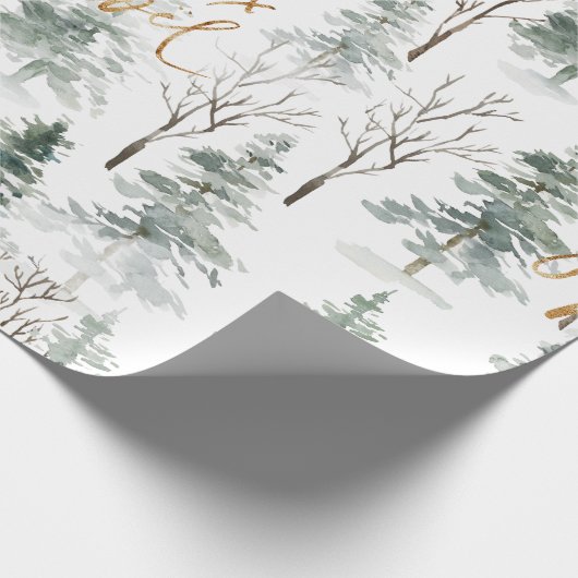 Snowy Winter Trees Pattern Gold Typografie Cadeaupapier (Hoek)