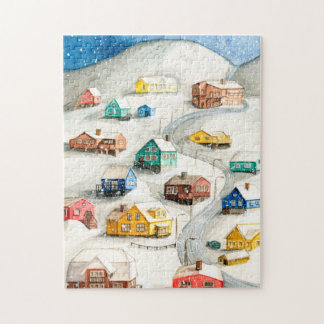 Snowy Winter Village Art Legpuzzel