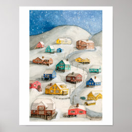 Snowy Winter Village Art Poster