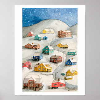 Snowy Winter Village Art Poster