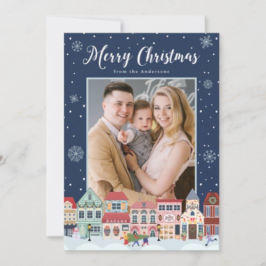 Snowy Winter Village Merry Kerst2 Foto Feestdagenkaart (Voorkant)