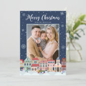 Snowy Winter Village Merry Kerst2 Foto Feestdagenkaart (Staand voorkant)