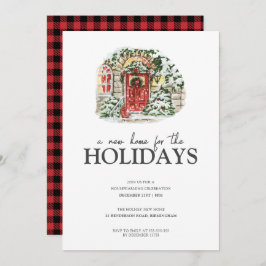 Snowy Winter Village Red Pset Housewarming Party Kaart