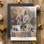 Snowy Winter Village Vier-foto Collage<br><div class="desc">Schilderachtige vakantieillustratie met een rij huizen met besneeuwde daken,  drie vierkante fotosjablonen en een portretgerichte foto-achtergrond sjabloon met bewerkbare tekstvelden.</div>
