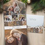 Snowy Winter Village Vier-foto Collage All In One Uitnodiging<br><div class="desc">Schilderachtige vakantieillustratie met een rij huizen met besneeuwde daken,  drie vierkante fotosjablonen en een portretgerichte foto-achtergrond sjabloon met bewerkbare tekstvelden.</div>