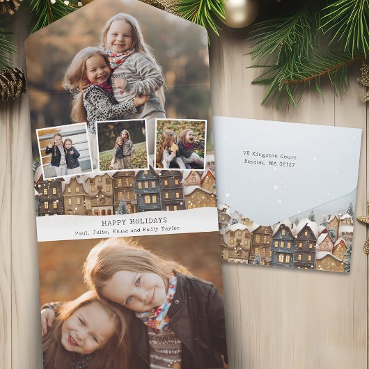 Snowy Winter Village Vier-foto Collage All In One Uitnodiging