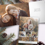 Snowy Winter Village Vier-foto Collage Drieluik Kaart<br><div class="desc">Schilderachtige vakantieillustratie met een rij huizen met besneeuwde daken,  drie vierkante fotosjablonen en een portretgerichte foto-achtergrond sjabloon met bewerkbare tekstvelden.</div>