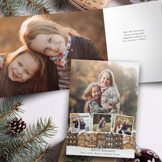 Snowy Winter Village Vier-foto Collage Drieluik Kaart