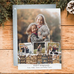 Snowy Winter Village Vier-foto Collage Feestdagenkaart<br><div class="desc">Schilderachtige vakantieillustratie met een rij huizen met besneeuwde daken,  drie vierkante fotosjablonen en een portretgerichte foto-achtergrond sjabloon met bewerkbare tekstvelden.</div>
