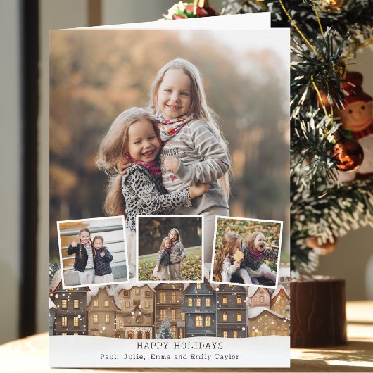 Snowy Winter Village Vier-foto Collage Kaart