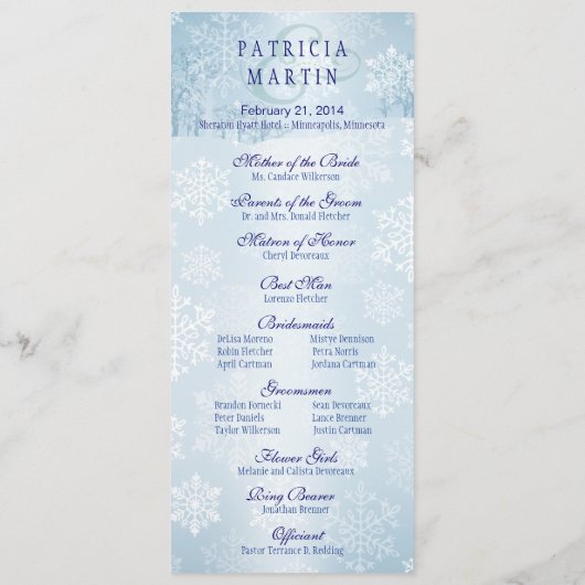 Snowy Winter Weddenprogramma ijsblauw Programmakaart (Achterkant)