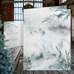 Snowy Winter White Arctic Fox Holiday Feestdagen Kaart