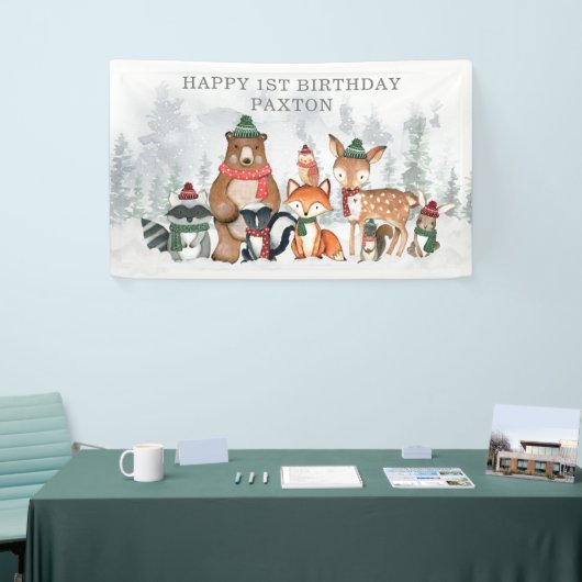 Snowy Winter Woodland Animals Happy Birthday Spandoek (Beurs)