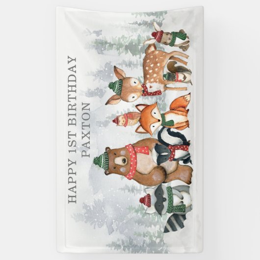 Snowy Winter Woodland Animals Happy Birthday Spandoek (Verticaal)