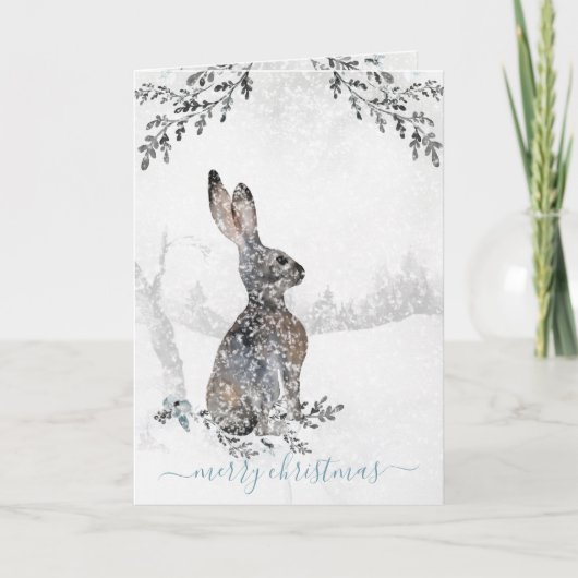 Snowy Winter Woodland Hare Waterverf Holiday Feestdagen Kaart (Voorkant)