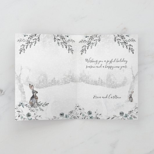 Snowy Winter Woodland Hare Waterverf Holiday Feestdagen Kaart (Binnen)