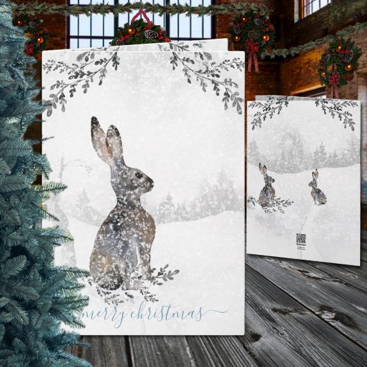 Snowy Winter Woodland Hare Waterverf Holiday Feestdagen Kaart