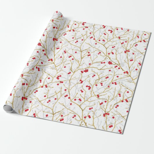 Snowy Winterberries Kerstmis Coördineren Cadeaupapier (Uitgerold)