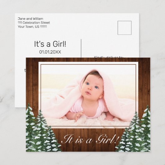 Snowy Wood & Forest Country Baby Meisje Foto Geboo Aankondigingskaart (Voorkant / Achterkant)