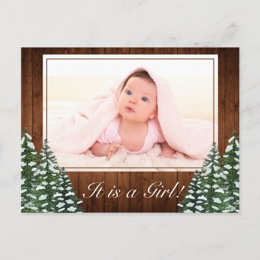 Snowy Wood & Forest Country Baby Meisje Foto Geboo Aankondigingskaart (Voorkant)