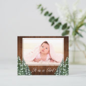 Snowy Wood & Forest Country Baby Meisje Foto Geboo Aankondigingskaart (Staand voorkant)